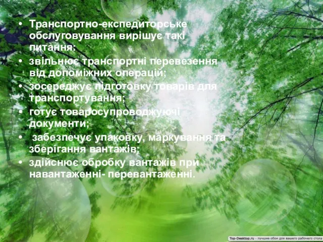 Транспортно-експедиторське обслуговування вирішує такі питання: звільнює транспортні перевезення від допоміжних операцій;