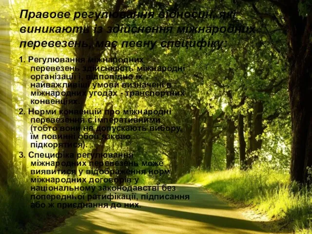 Правове регулювання відносин, які виникають із здійснення міжнародних перевезень, має певну