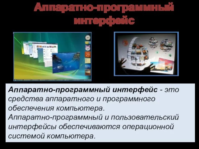 Аппаратно-программный интерфейс Аппаратно-программный интерфейс - это средства аппаратного и программного обеспечения