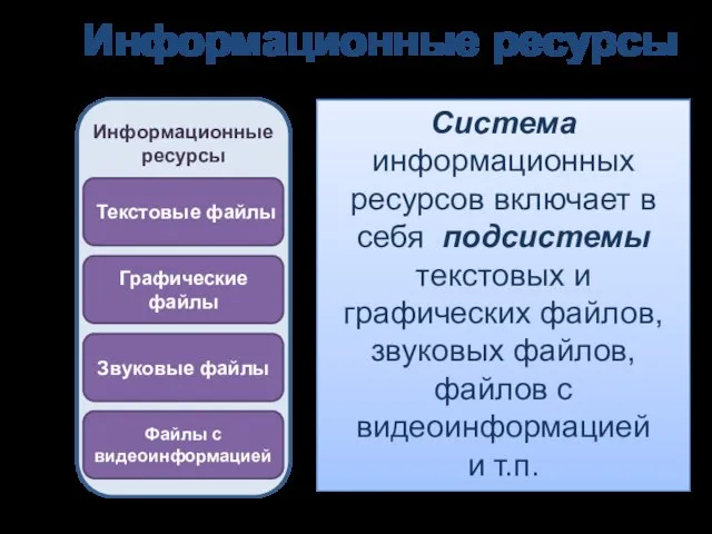 Информационные ресурсы Система информационных ресурсов включает в себя подсистемы текстовых и