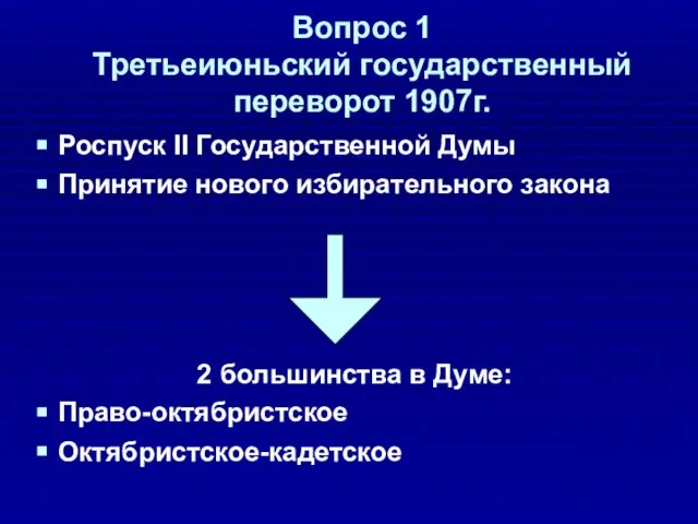 Вопрос 1 Третьеиюньский государственный переворот 1907г. Роспуск II Государственной Думы Принятие