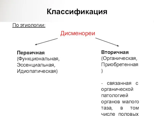 Классификация По этиологии: Дисменореи Первичная (Функциональная, Эссенциальная, Идиопатическая) Вторичная (Органическая, Приобретенная)