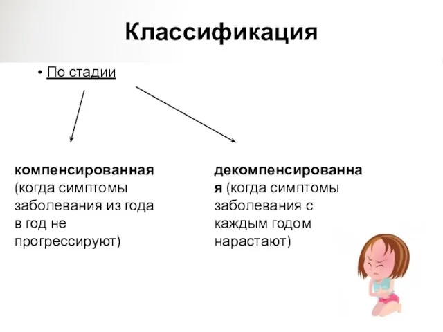 Классификация По стадии компенсированная (когда симптомы заболевания из года в год