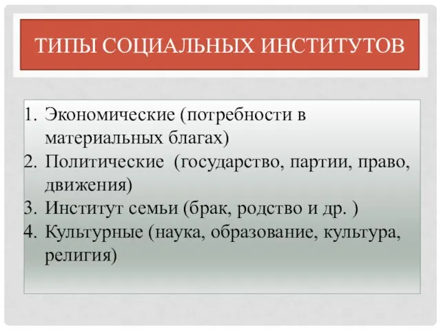 ТИПЫ СОЦИАЛЬНЫХ ИНСТИТУТОВ Экономические (потребности в материальных благах) Политические (государство, партии,