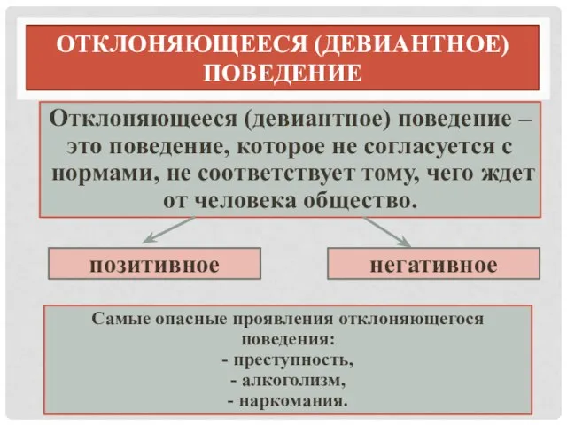 ОТКЛОНЯЮЩЕЕСЯ (ДЕВИАНТНОЕ) ПОВЕДЕНИЕ Отклоняющееся (девиантное) поведение – это поведение, которое не