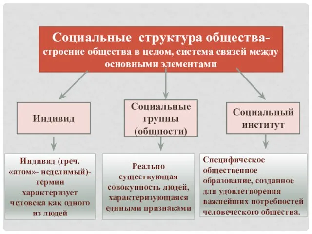 Социальные структура общества- строение общества в целом, система связей между основными