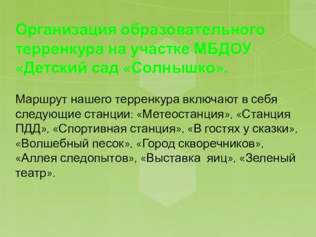 Организация образовательного терренкура на участке МБДОУ «Детский сад «Солнышко». Маршрут нашего