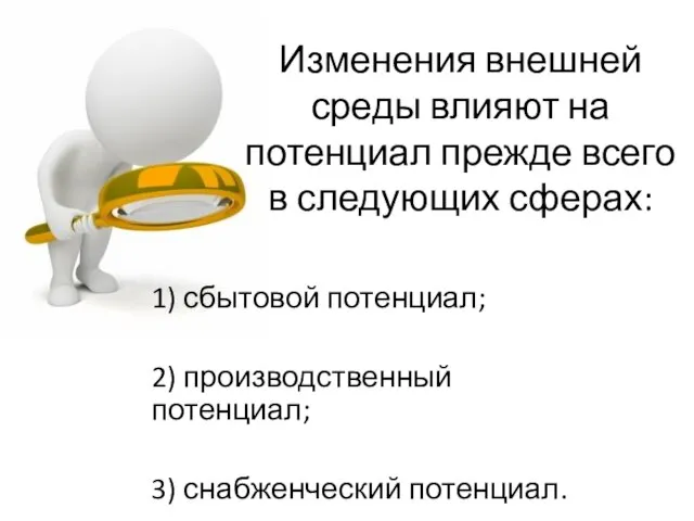 1) сбытовой потенциал; 2) производственный потенциал; 3) снабженческий потенциал. Изменения внешней