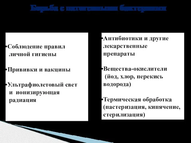 Борьба с патогенными бактериями Соблюдение правил личной гигиены Прививки и вакцины