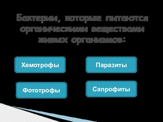 Бактерии, которые питаются органическими веществами живых организмов: Сапрофиты Паразиты Фототрофы Хемотрофы