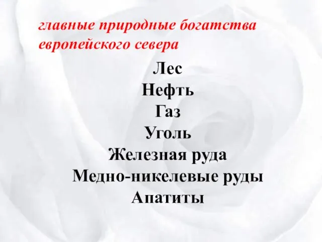 главные природные богатства европейского севера Лес Нефть Газ Уголь Железная руда Медно-никелевые руды Апатиты