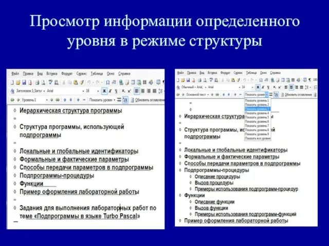 Просмотр информации определенного уровня в режиме структуры