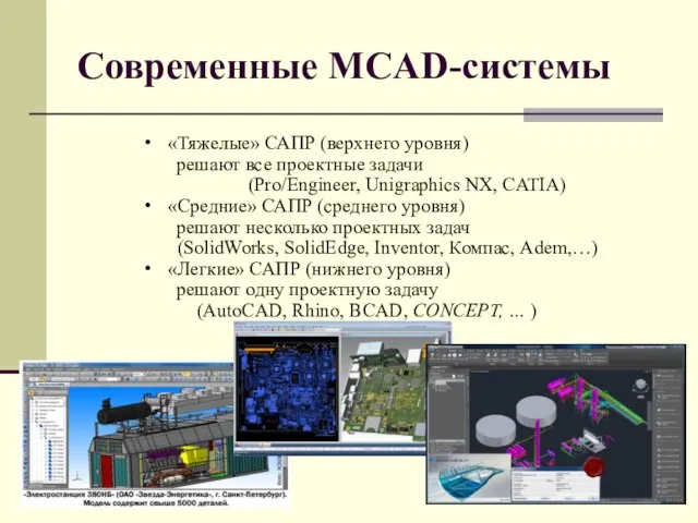 Современные MCAD-системы «Тяжелые» САПР (верхнего уровня) решают все проектные задачи (Pro/Engineer,