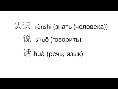 认识 rènshi (знать (человека)) 说 shuō (говорить) 话 huà (речь, язык)