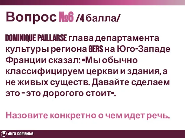 Вопрос №6 /4 балла/ Dominique Paillarse глава департамента культуры региона Gers