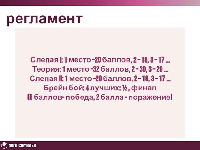 Слепая I: 1 место –20 баллов, 2 – 18, 3 –