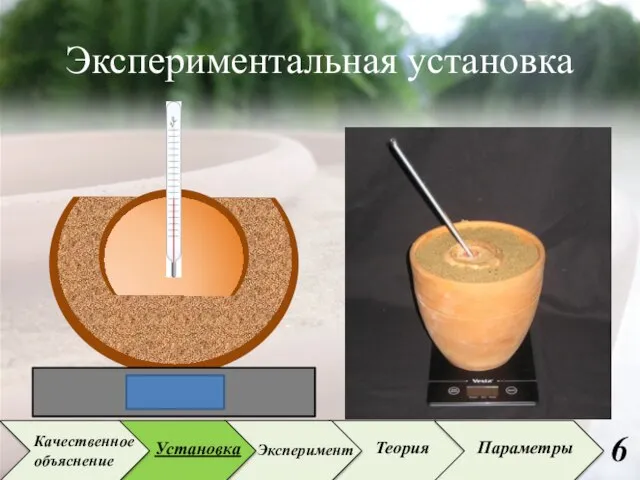 Экспериментальная установка Качественное объяснение Установка Эксперимент Теория Параметры