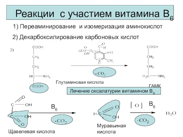 Реакции с участием витамина В6 Щавелевая кислота Муравьиная кислота Лечение оксалатурии