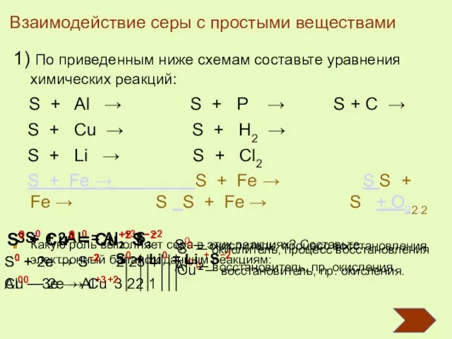 1) По приведенным ниже схемам составьте уравнения химических реакций: S +