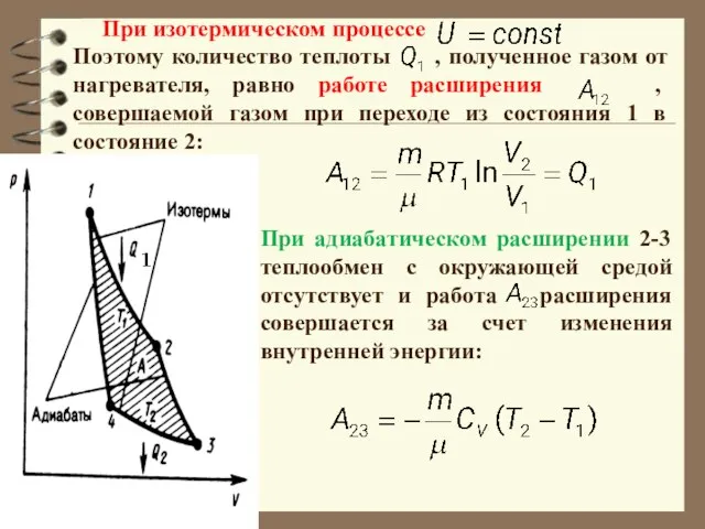 Поэтому количество теплоты , полученное газом от нагревателя, равно работе расширения