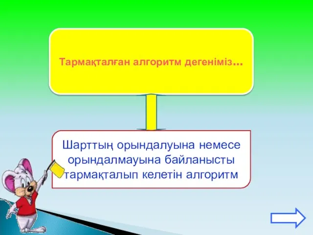 Тармақталған алгоритм дегеніміз... Шарттың орындалуына немесе орындалмауына байланысты тармақталып келетін алгоритм