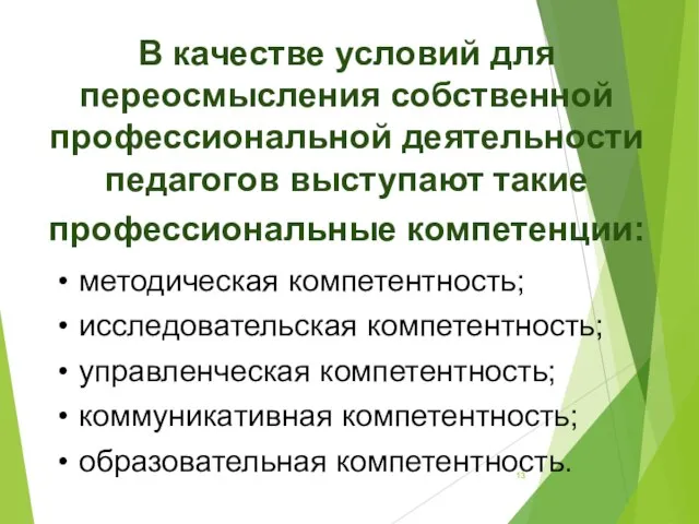 В качестве условий для переосмысления собственной профессиональной деятельности педагогов выступают такие