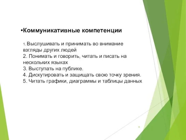 Коммуникативные компетенции 1. Выслушивать и принимать во внимание взгляды других людей