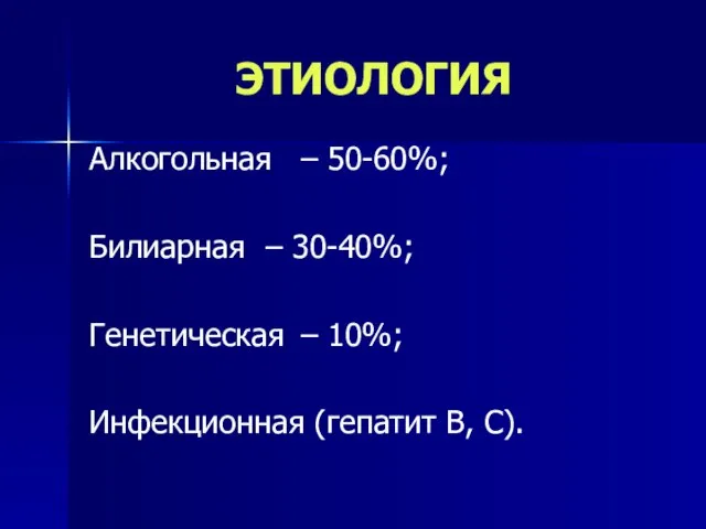 ЭТИОЛОГИЯ Алкогольная – 50-60%; Билиарная – 30-40%; Генетическая – 10%; Инфекционная (гепатит В, С).