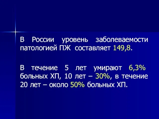 В России уровень заболеваемости патологией ПЖ составляет 149,8. В течение 5