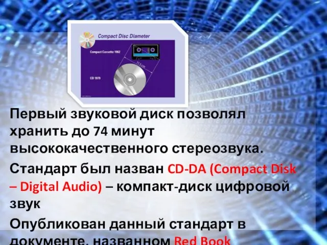 Первый звуковой диск позволял хранить до 74 минут высококачественного стереозвука. Стандарт