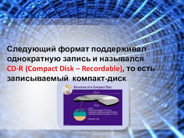 Следующий формат поддерживал однократную запись и назывался CD-R (Compact Disk – Recordable), то есть записываемый компакт-диск