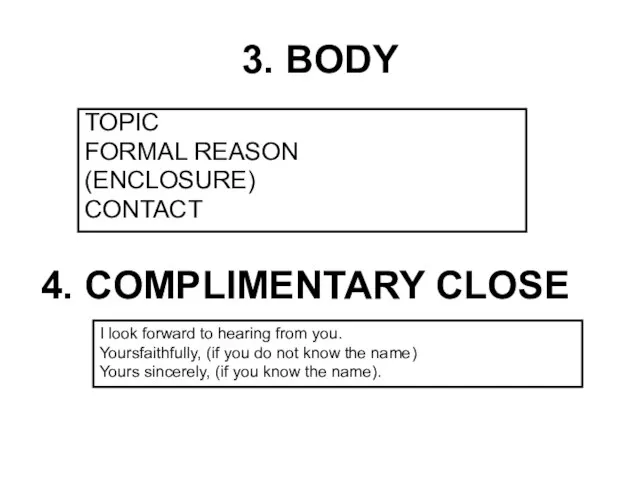3. BODY TOPIC FORMAL REASON (ENCLOSURE) CONTACT 4. COMPLIMENTARY CLOSE I