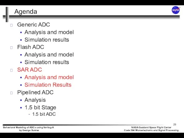 Agenda Generic ADC Analysis and model Simulation results Flash ADC Analysis