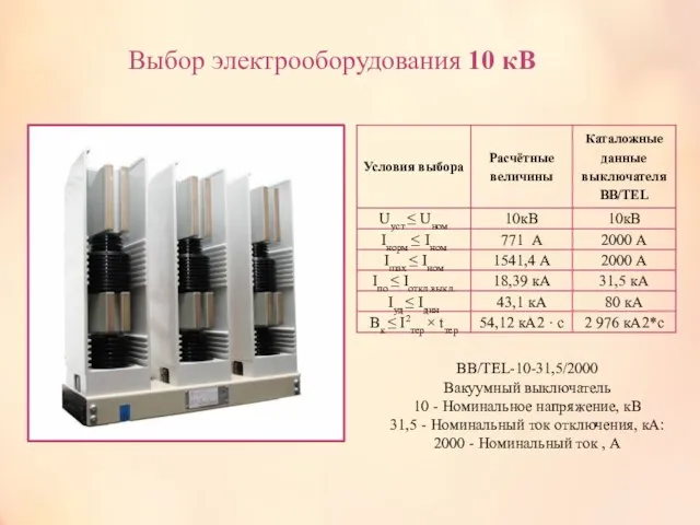 Выбор электрооборудования 10 кВ ВВ/TEL-10-31,5/2000 Вакуумный выключатель 10 - Номинальное напряжение,