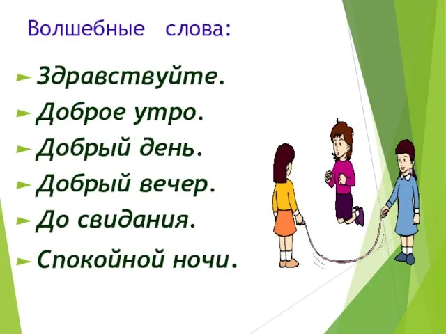 Волшебные слова: Здравствуйте. Доброе утро. Добрый день. Добрый вечер. До свидания. Спокойной ночи.