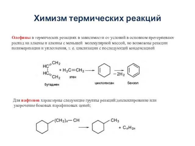 Химизм термических реакций Олефины в термических реакциях в зависимости от условий