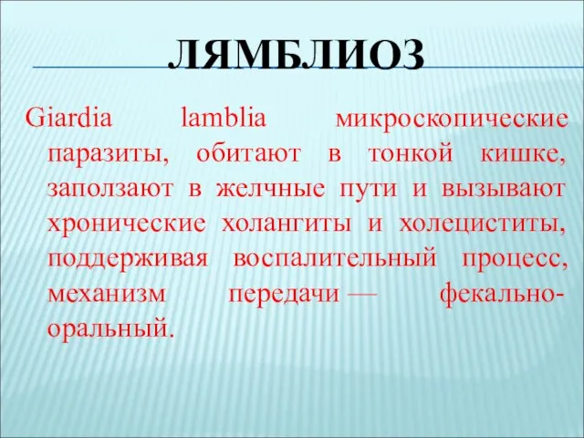 ЛЯМБЛИОЗ Giardia lamblia микроскопические паразиты, обитают в тонкой кишке, заползают в