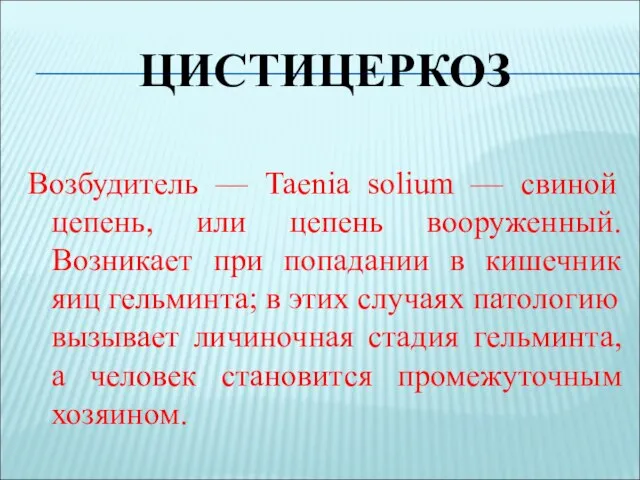 ЦИСТИЦЕРКОЗ Возбудитель — Taenia solium — свиной цепень, или цепень вооруженный.