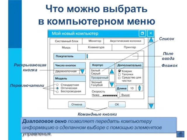 Что можно выбрать в компьютерном меню Диалоговое окно позволяет передать компьютеру