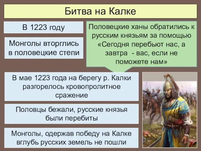 Битва на Калке В 1223 году Монголы вторглись в половецкие степи