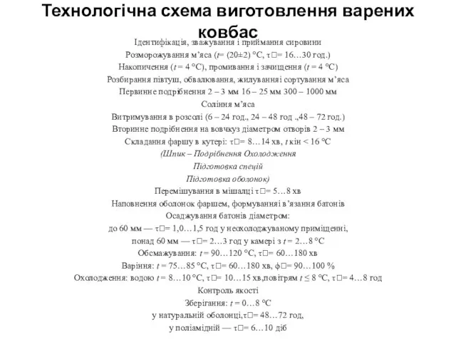 Технологічна схема виготовлення варених ковбас Ідентифікація, зважування і приймання сировини Розморожування