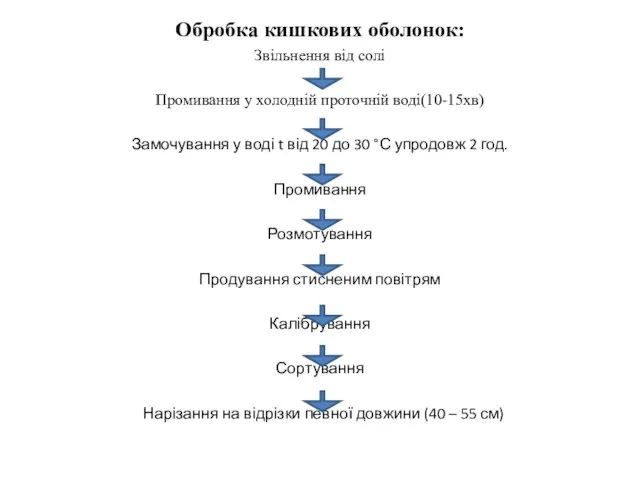 Обробка кишкових оболонок: Звільнення від солі Промивання у холодній проточній воді(10-15хв)