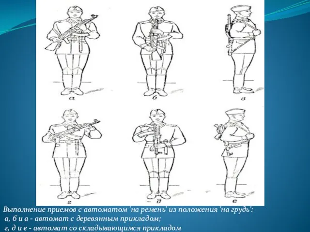 Выполнение приемов с автоматом 'на ремень' из положения 'на грудь': а,