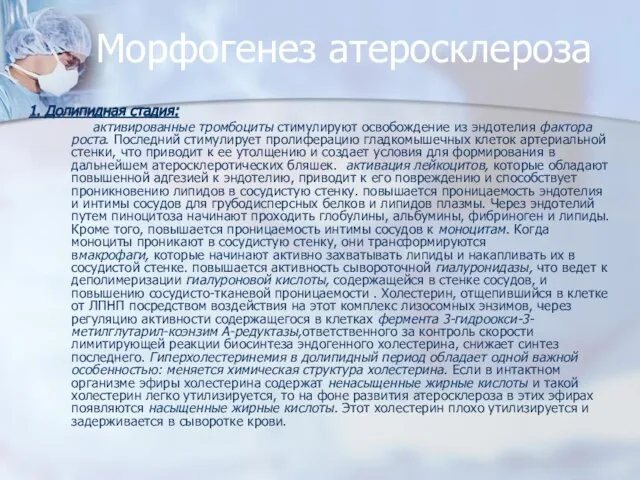 Морфогенез атеросклероза 1. Долипидная стадия: активированные тромбоциты стимулируют освобождение из эндотелия