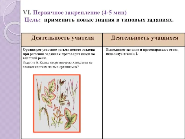 VI. Первичное закрепление (4-5 мин) Цель: применить новые знания в типовых заданиях.