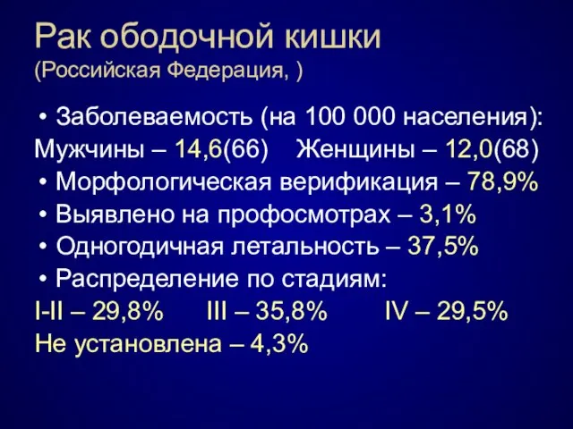 Рак ободочной кишки (Российская Федерация, ) Заболеваемость (на 100 000 населения):