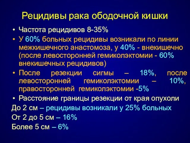 Рецидивы рака ободочной кишки Частота рецидивов 8-35% У 60% больных рецидивы