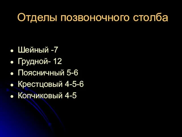 Отделы позвоночного столба Шейный -7 Грудной- 12 Поясничный 5-6 Крестцовый 4-5-6 Копчиковый 4-5