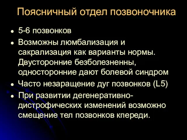 Поясничный отдел позвоночника 5-6 позвонков Возможны люмбализация и сакрализация как варианты