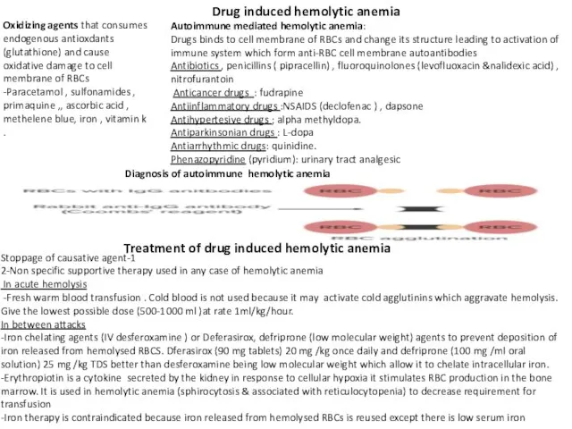 Drug induced hemolytic anemia Oxidizing agents that consumes endogenous antioxdants (glutathione)